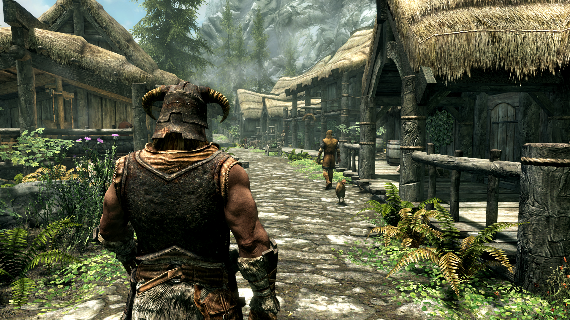 Dragonborn walking down the streets of Riverwood in Skyrim