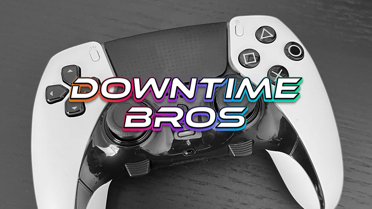 Downtime Bros logo over a PlayStation controller.
